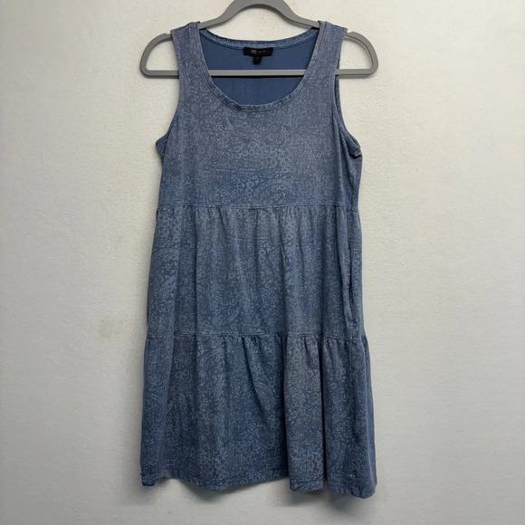 Frye Distressed Tiered Midi Dress Blue Tank Cotton Stretch Pockets - Picture 1 of 12
